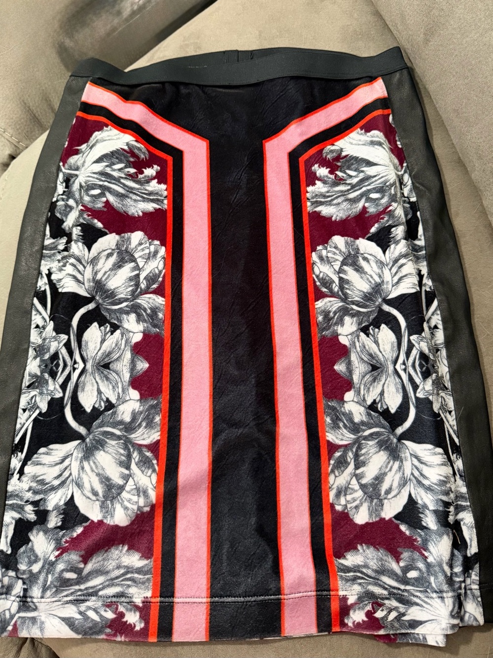 Clover Canyon Velour and Faux Leather Panel Pencil Skirt in Black and Burgundy